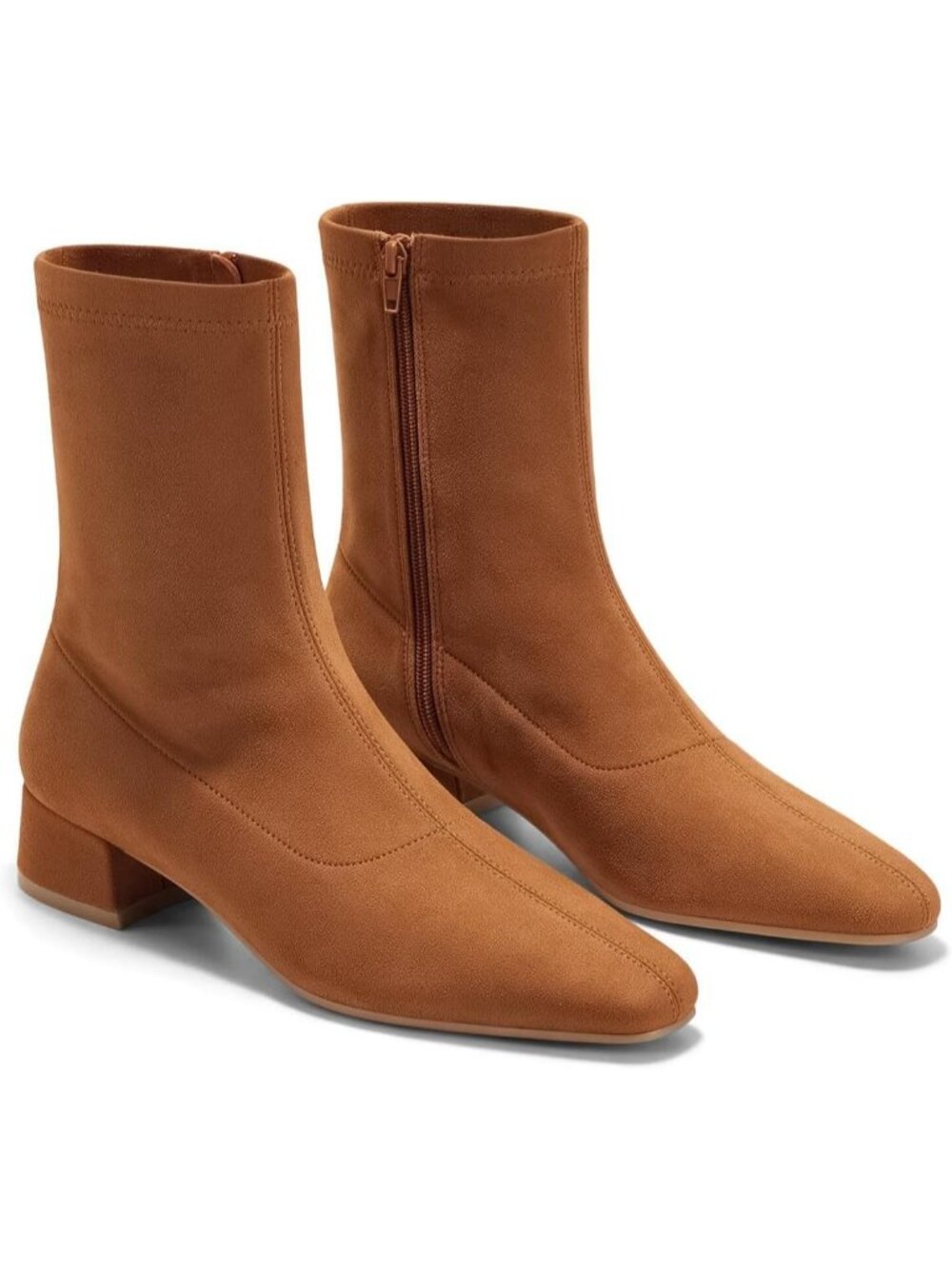 Women's Brown Comfortable Chunky Low Heel Square Toe Zip Up Casual Ankle Boots